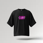 Black t-shirt with pink and white text on a gray background