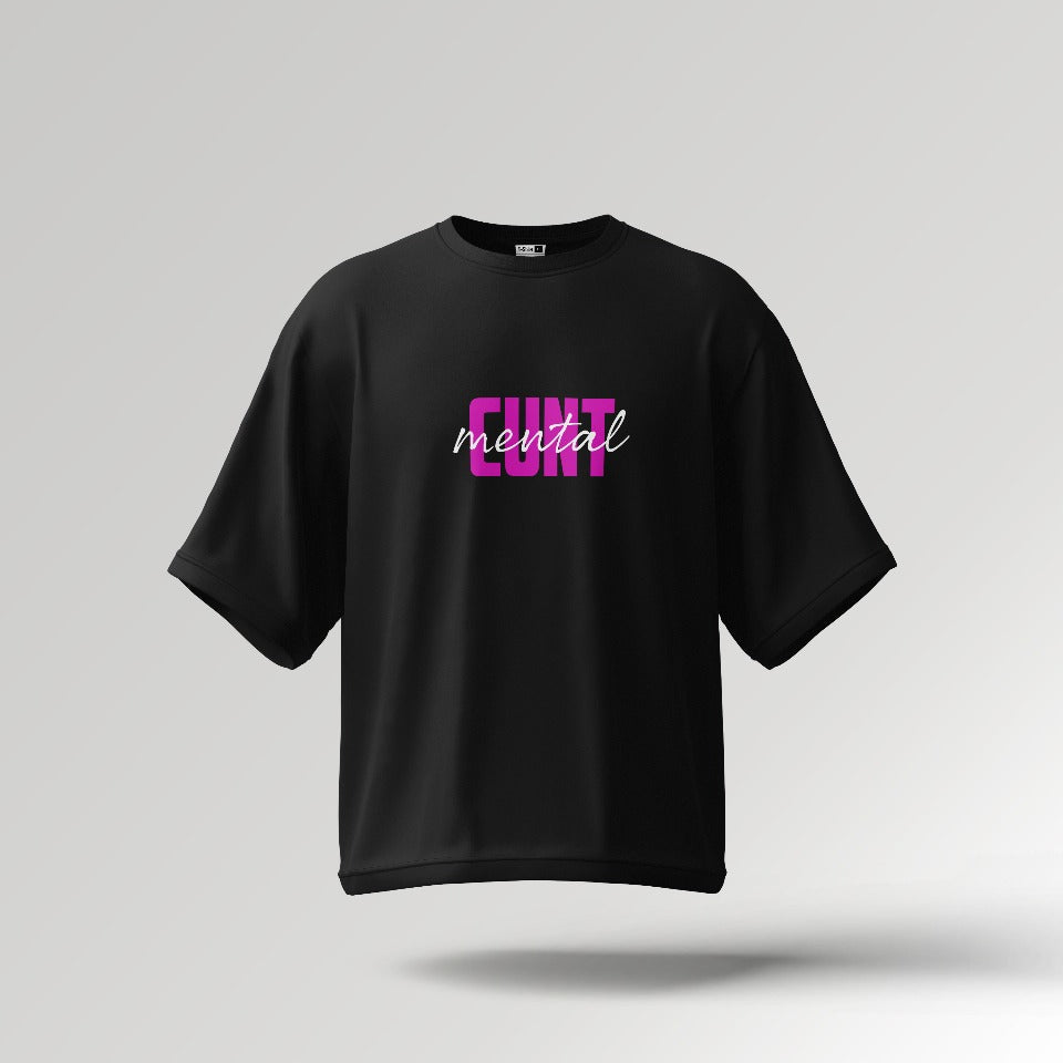 Black t-shirt with pink and white text on a gray background